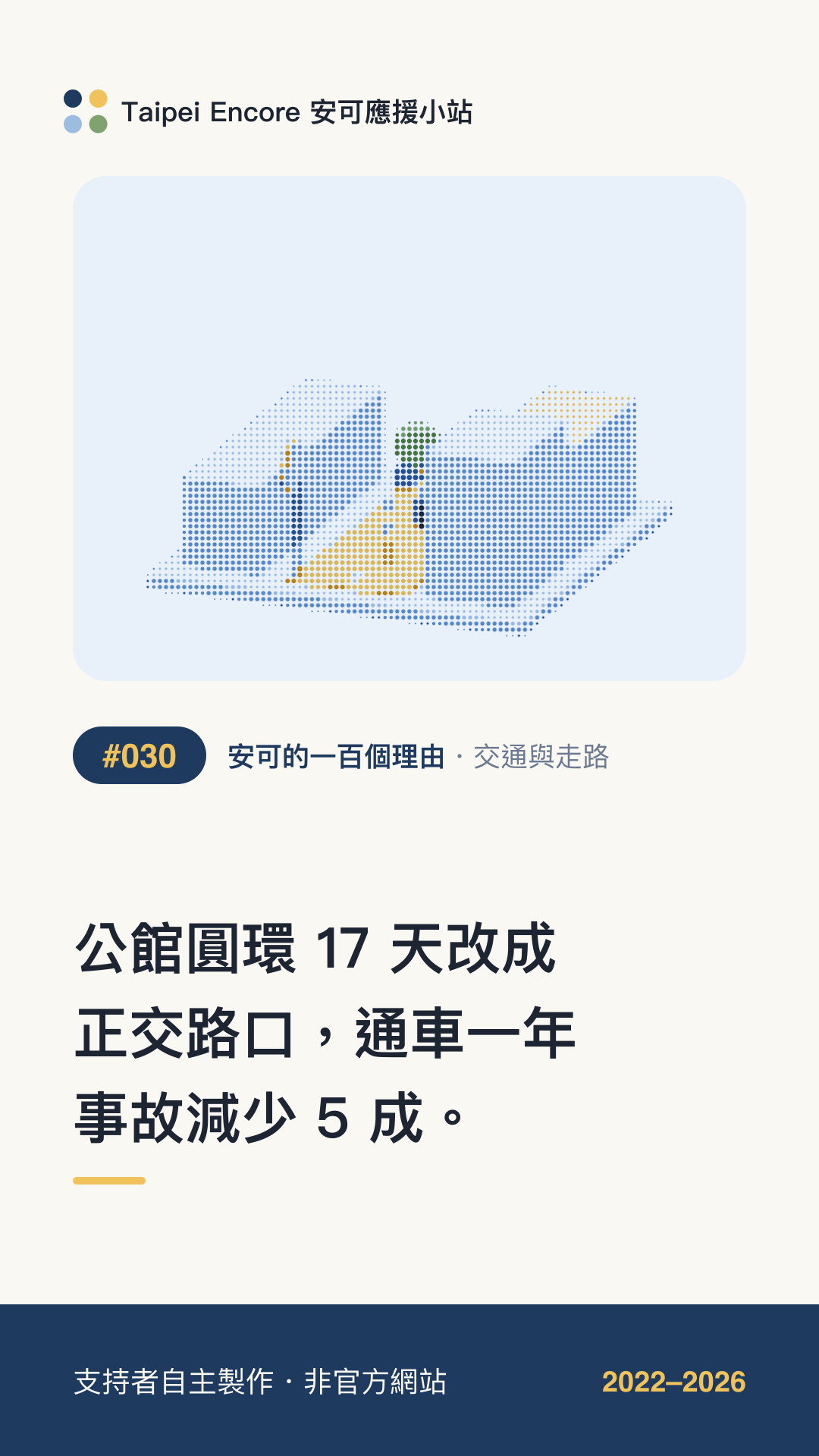 IG 限動分享圖預覽:公館圓環 17 天改成正交路口,通車一年事故減少 5 成。